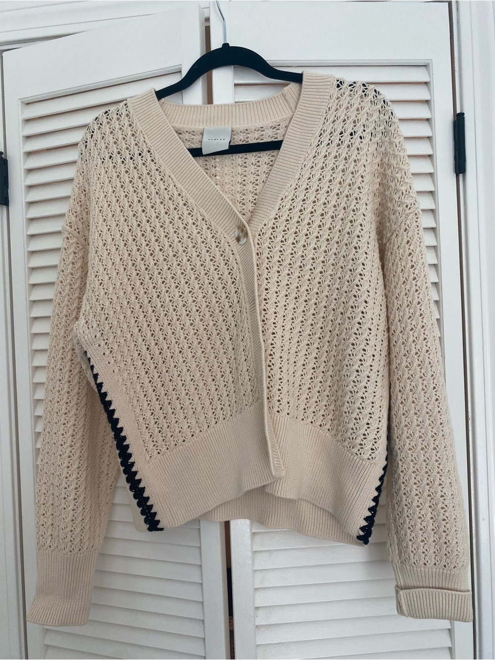 Varley Cream Open-Knit V-Neck Cardigan with Black Trim